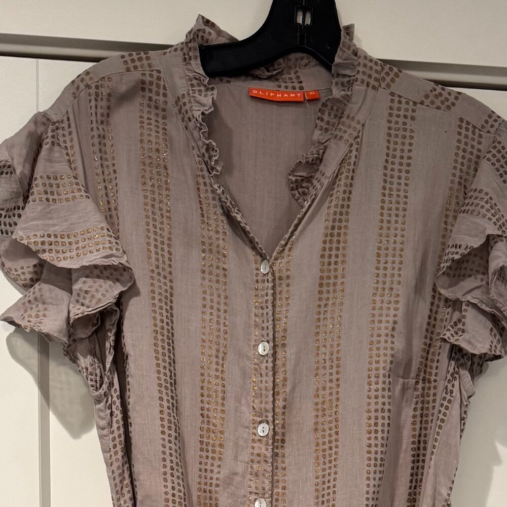 Oliphant Grey and Gold Flutter Sleeve  Belted Dress
